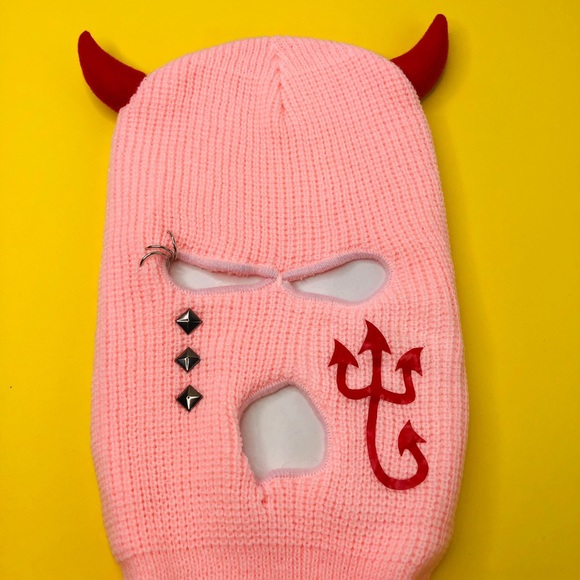 Cry Evil Devil Pink Ski Mask Balaclava Beanie Cap Hat Skimask Monster Pitch Fork - Picture 2 of 3